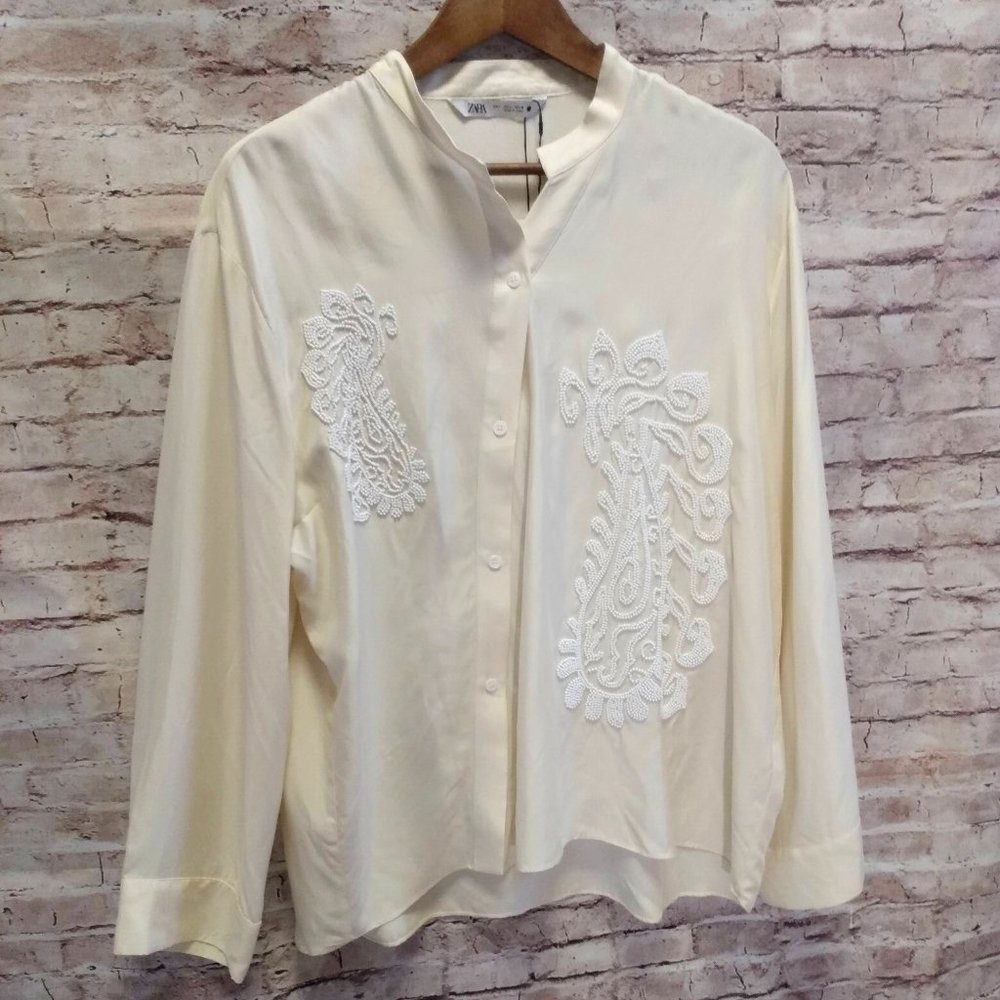 Zara Ivory Beaded Long Sleeve Blouse Size L